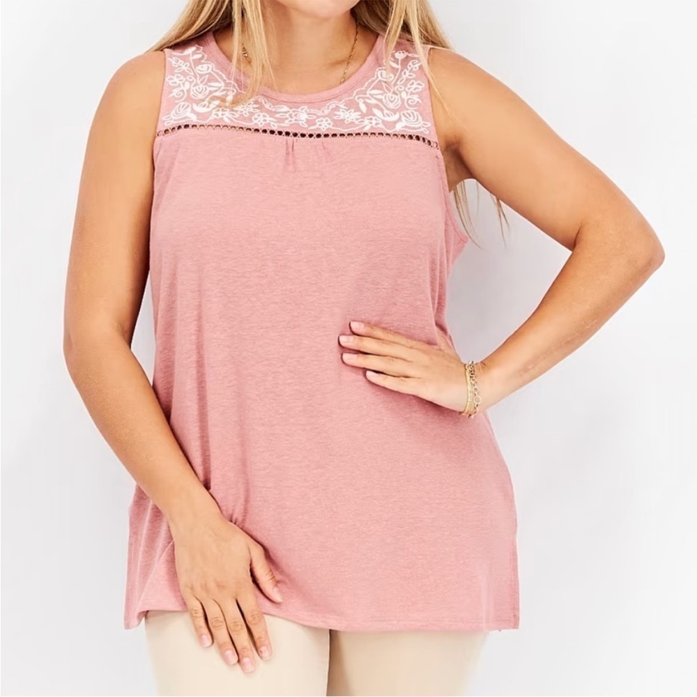 NWT StitchFix Market & Spruce Embroidered Linen Round Neck Tank Pink